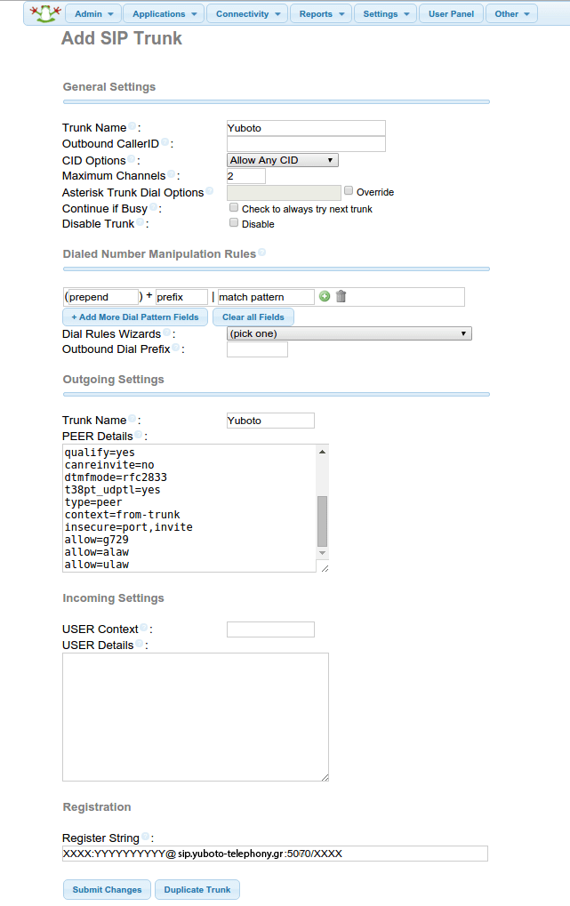 freepbx Sip Trunk Settings