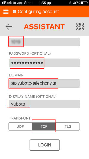 Linphone add sip account with TCP Transport